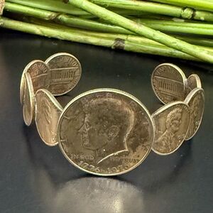 Vintage Bicentennial 1776-1976 JFK Half Dollar & Dimes Coins Cuff Bracelet 37.2g